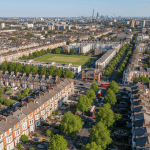 Aerial view of a typical London residential neighbourhood with Victorian terraced houses