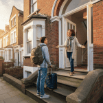 Student with suitcase being greeted by smiling homestay host at front door of Victorian London house