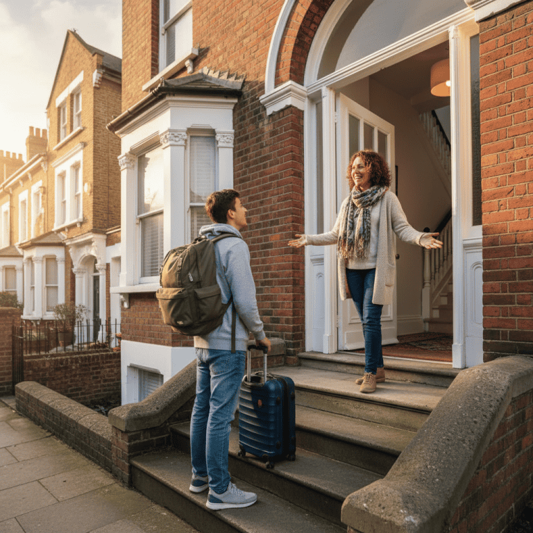 Student with suitcase being greeted by smiling homestay host at front door of Victorian London house