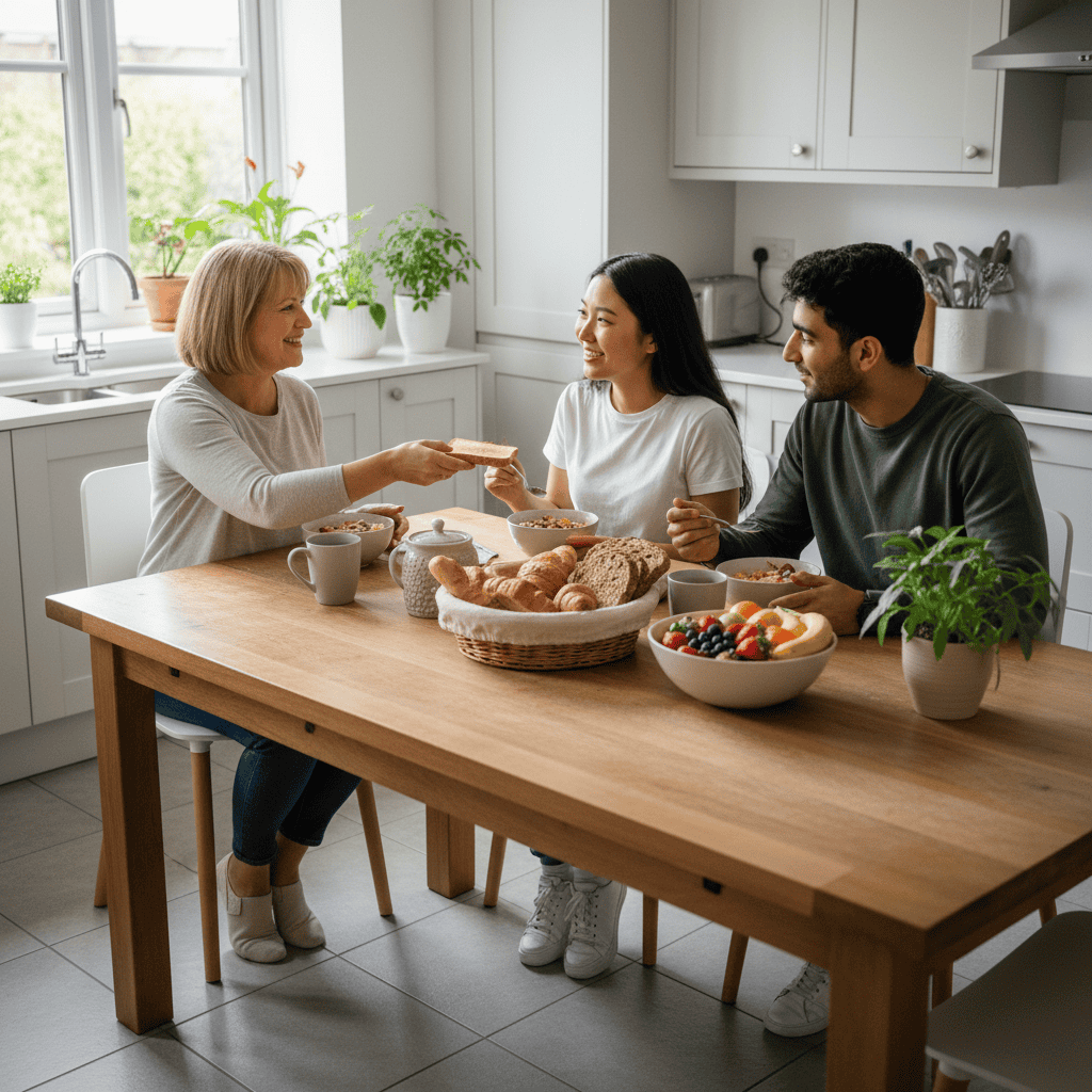 A homestay host and international students enjoying breakfast together in a Glasgow kitchen