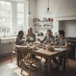 A bright kitchen with breakfast laid out on a wooden table in a London homestay
