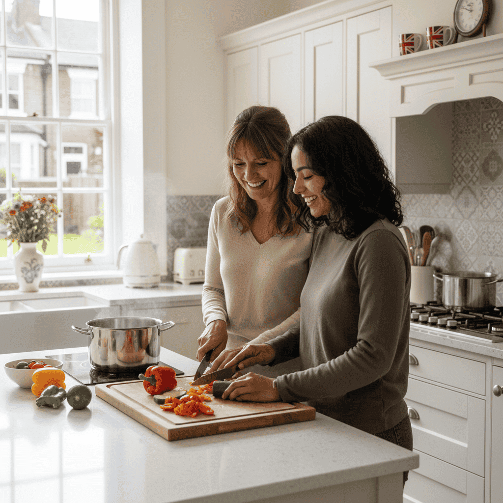 Host mother and international student preparing an evening meal together in a London kitchen
