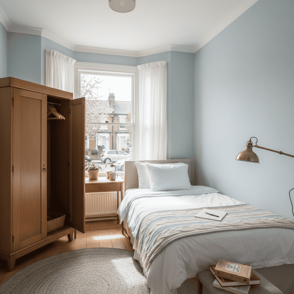 A bright, tidy spare bedroom in a London home ready for a homestay student