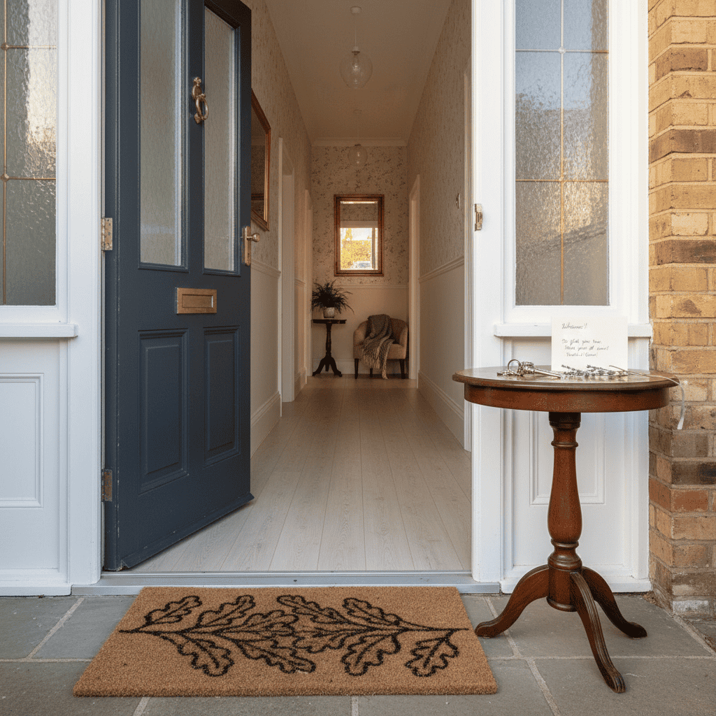 Open front door of a London Victorian home with welcome mat and keys — arriving at a homestay