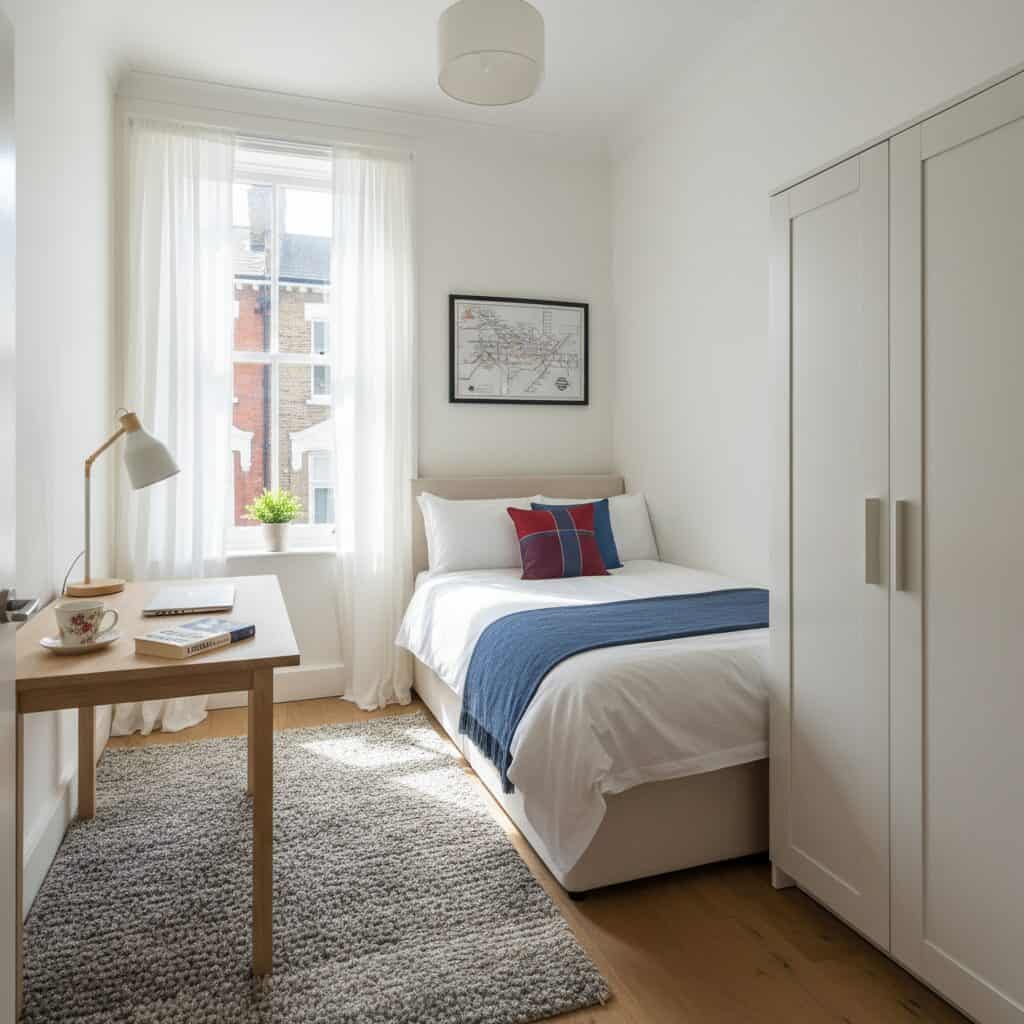 A bright, welcoming bedroom in a London homestay with single bed, study desk, wardrobe, and natural light