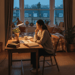 An international student studying at a desk in a bright London homestay bedroom