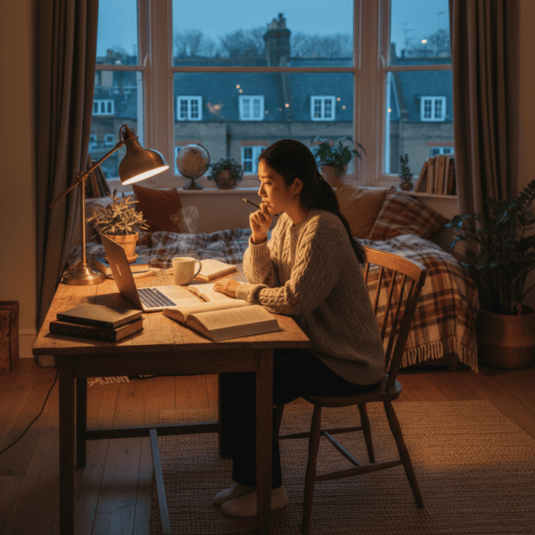 An international student studying at a desk in a bright London homestay bedroom