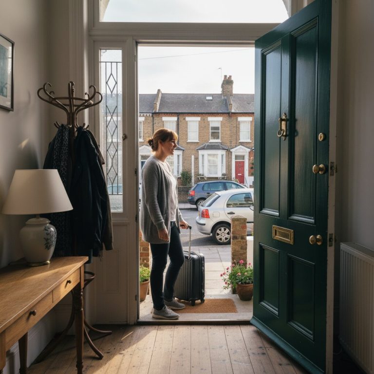 View from inside a London homestay hallway showing the host at the open front door welcoming a student arriving with a suitcase