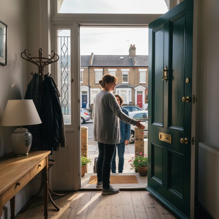 View from inside a London homestay hallway showing the host welcoming a student arriving with a suitcase at the front door