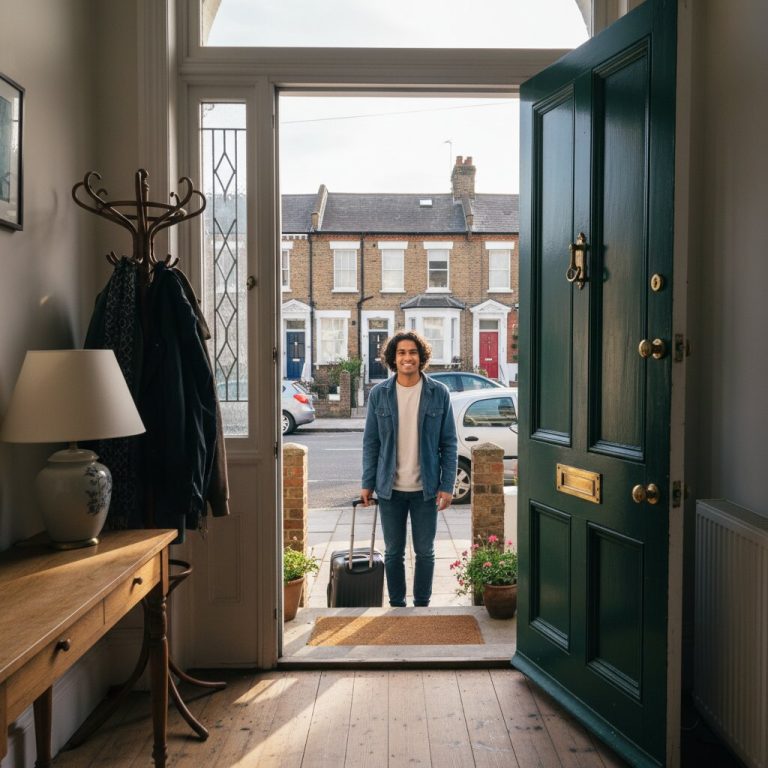 View from inside a London homestay hallway through the open front door showing a student arriving with a suitcase