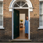 A friendly London homestay host standing in the doorway of a Victorian terraced house with the front door open inward