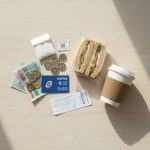 Flat lay of typical London student daily spending items including Oyster card, sandwich, coffee, coins, SIM card and pharmacy bag
