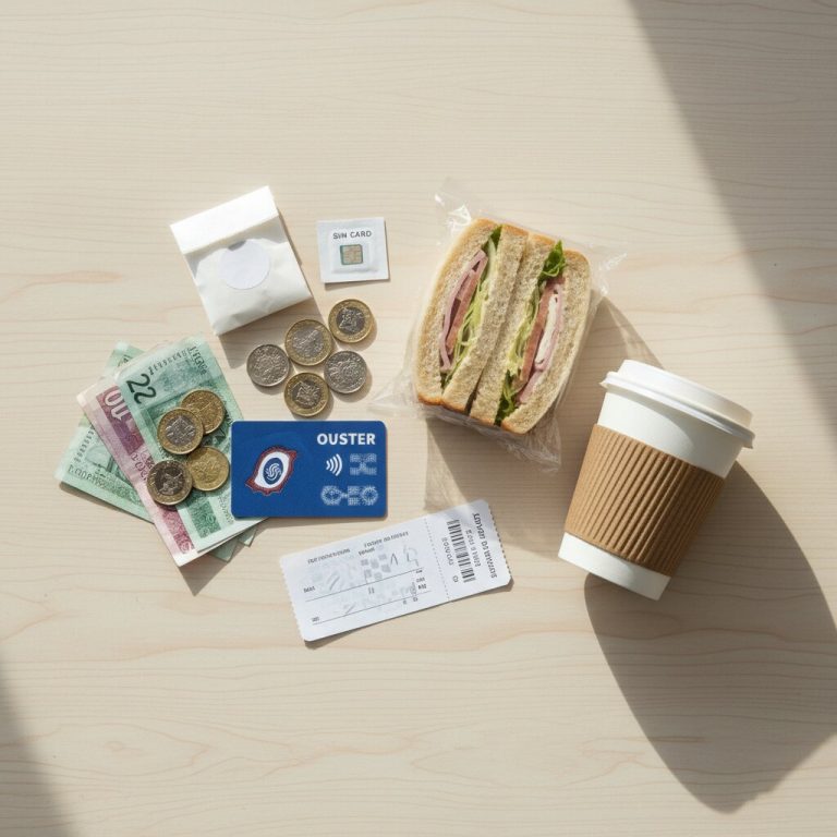 Flat lay of typical London student daily spending items including Oyster card, sandwich, coffee, coins, SIM card and pharmacy bag