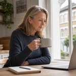London homeowner with mug of tea reading a homestay hosting decision page on her laptop