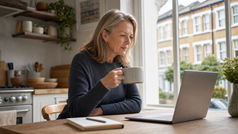 London homeowner with mug of tea reading a homestay hosting decision page on her laptop