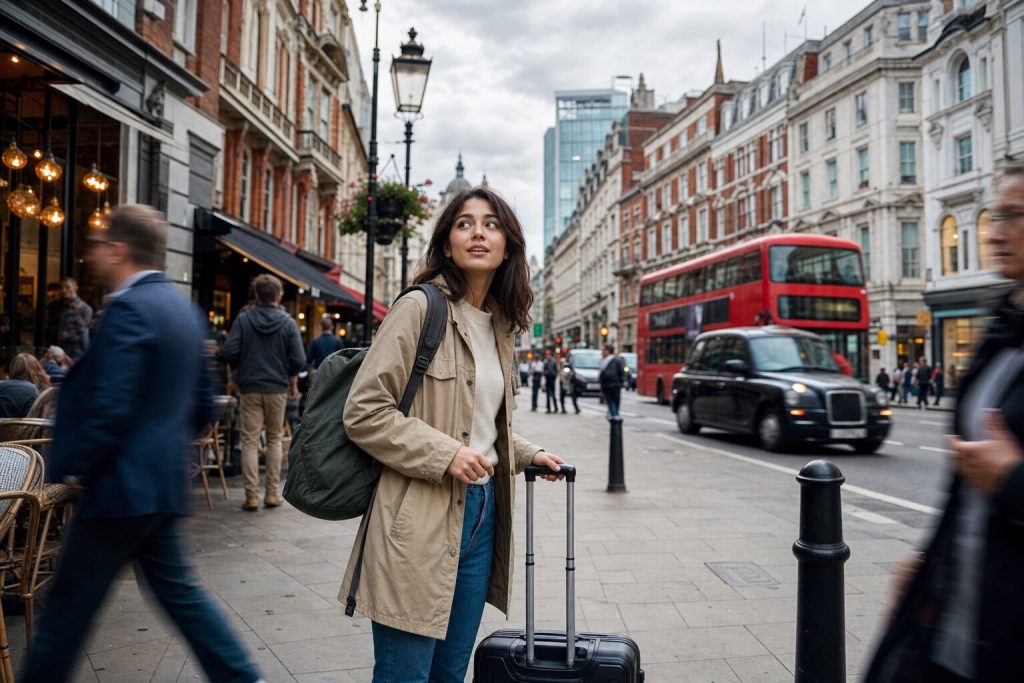 A solo traveller with a suitcase and backpack arriving on a busy central London street