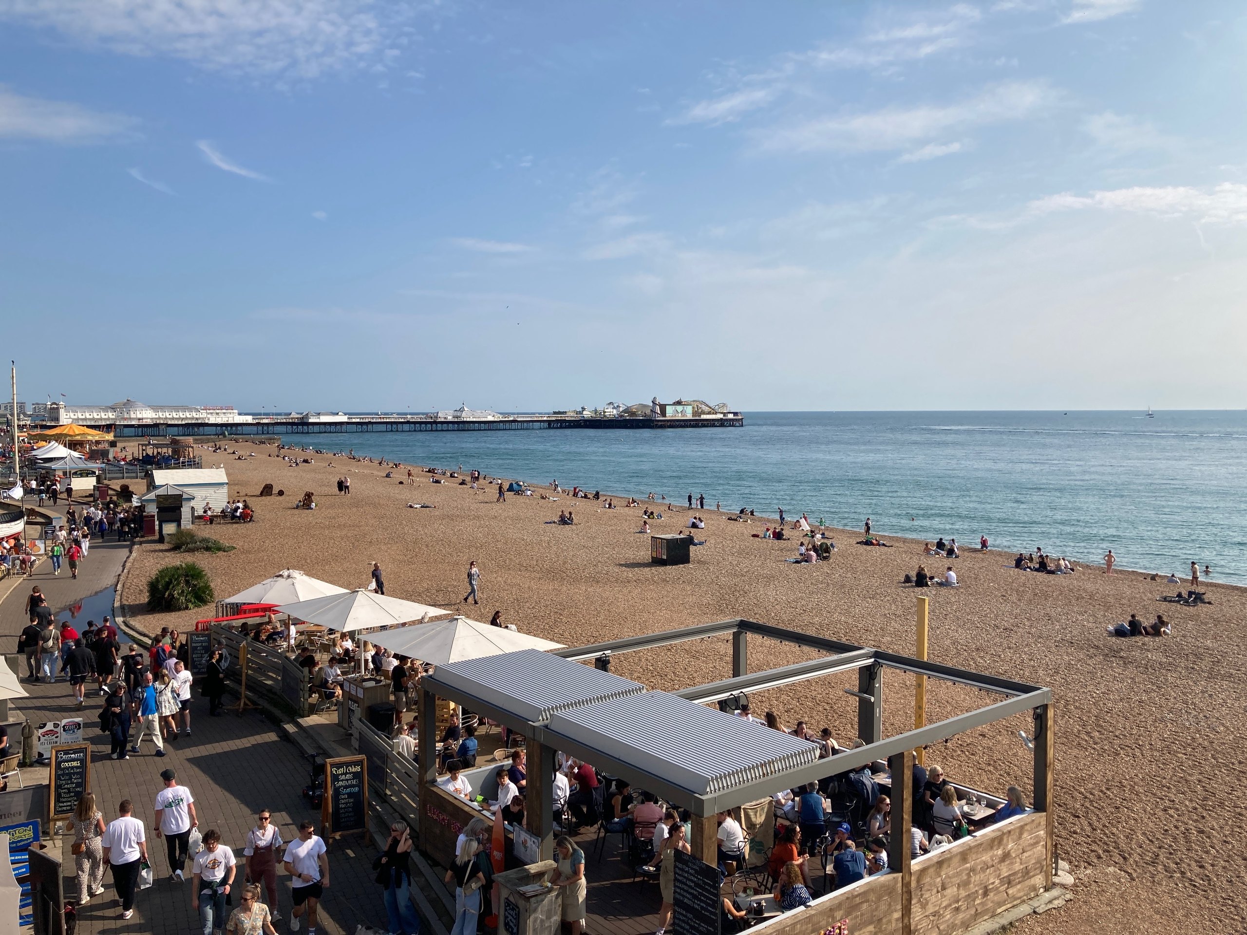 Brighton beach and seafront with the Palace Pier in the distance