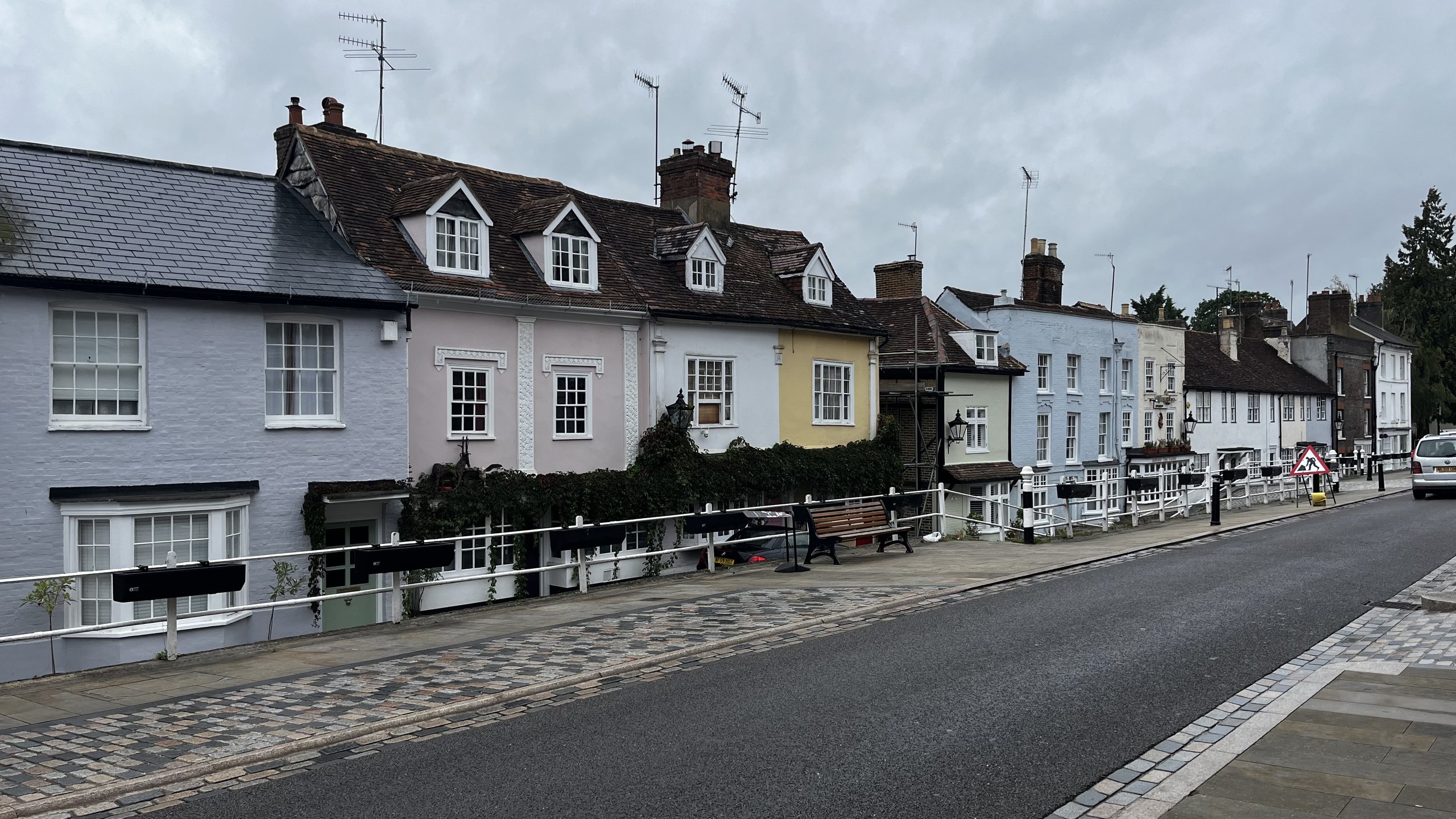 Pastel-coloured houses along the High Street in Hemel Hempstead Old Town
