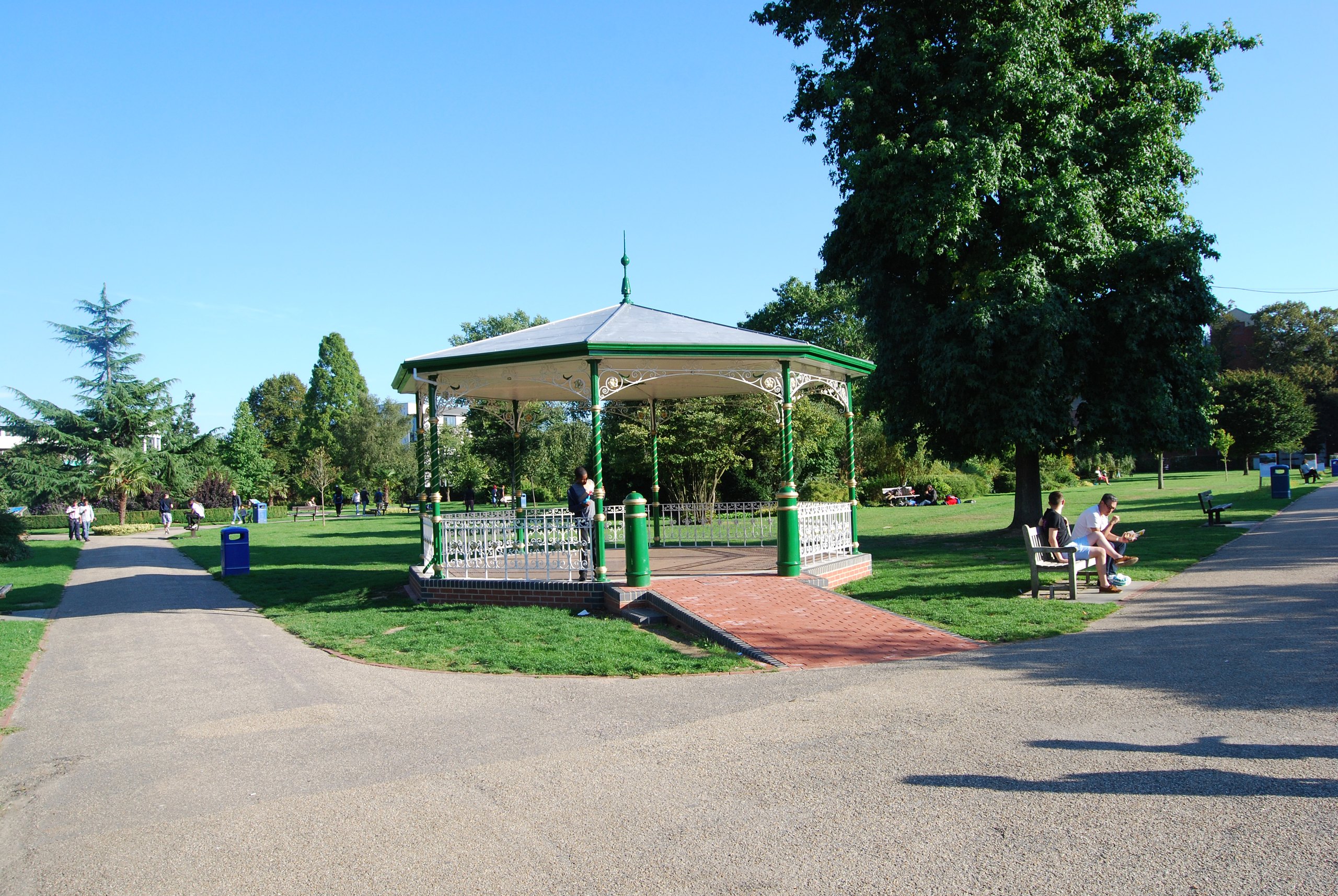 The bandstand in Crawley Memorial Gardens on a sunny day