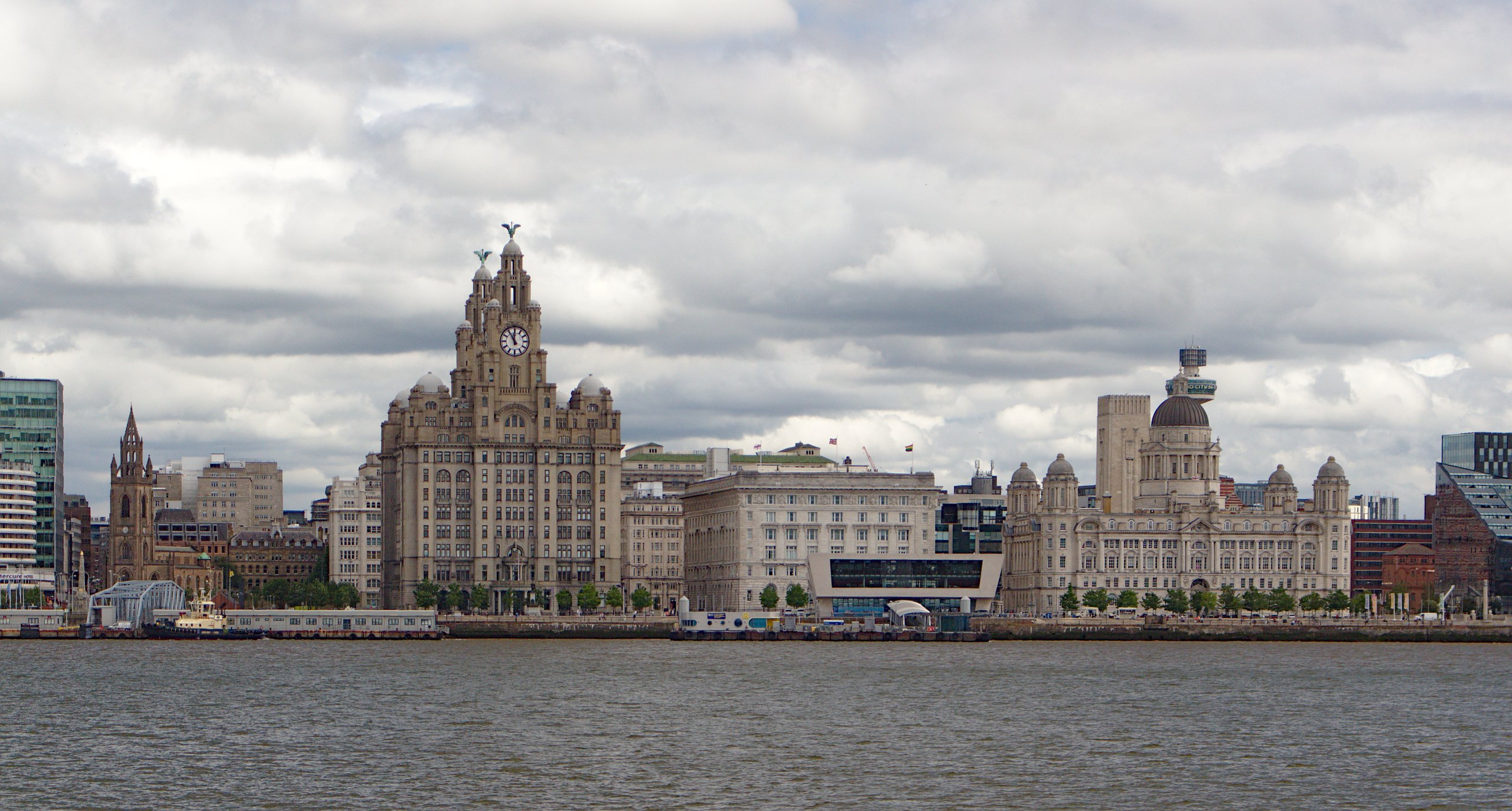 The Royal Liver Building and the Liverpool waterfront across the Mersey