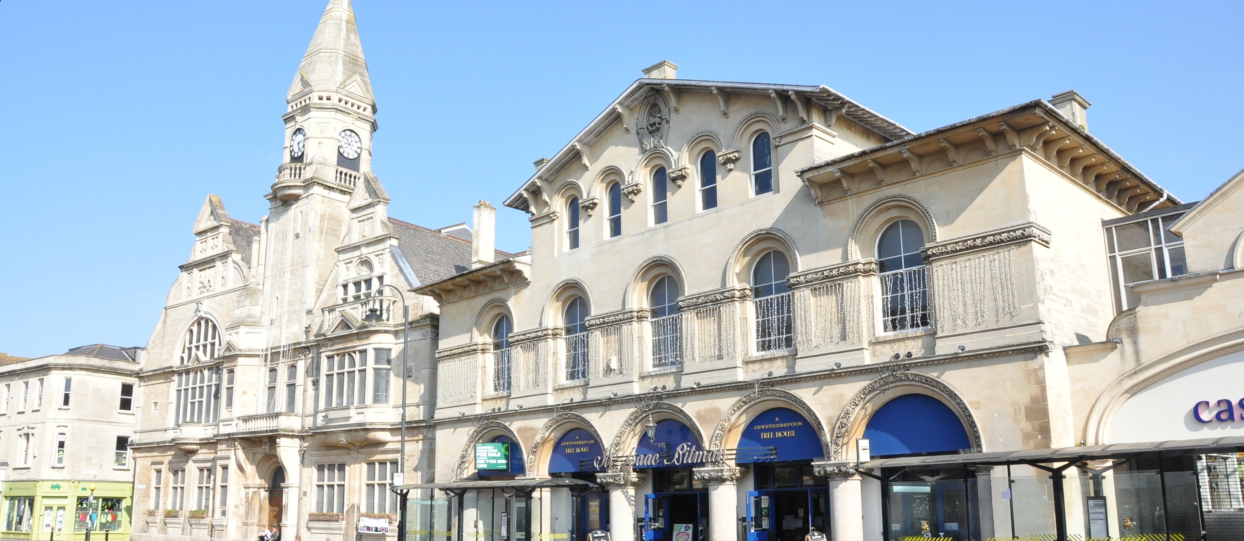 The Town Hall in Trowbridge, Wiltshire, under a blue sky
