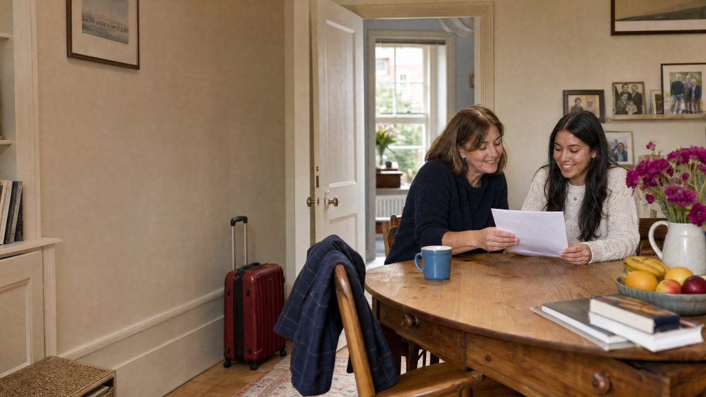 A host and an international student going through a welcome sheet at the kitchen table on arrival day