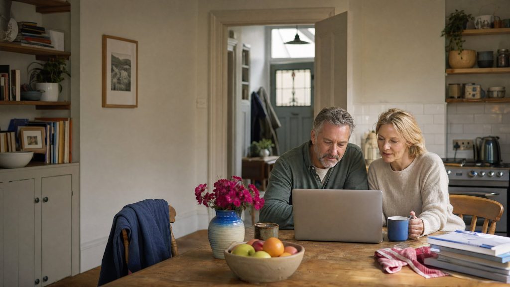 A host couple reading and planning together at the kitchen table
