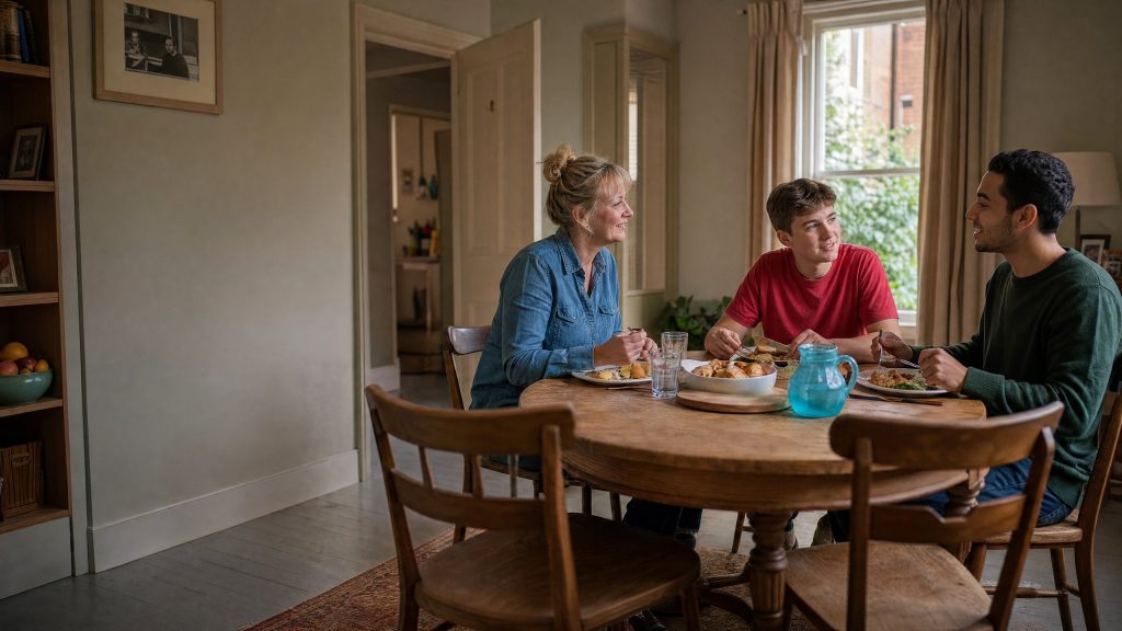 A host, her teenage son and a student eating dinner together at a round table
