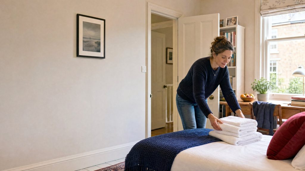 A host placing fresh towels on the bed in a guest room
