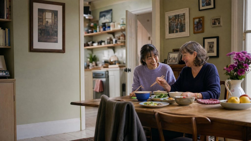 A Japanese student and her host laughing over a home-cooked meal as the host tries chopsticks