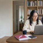 A mother and her daughter researching a London homestay on a laptop at home