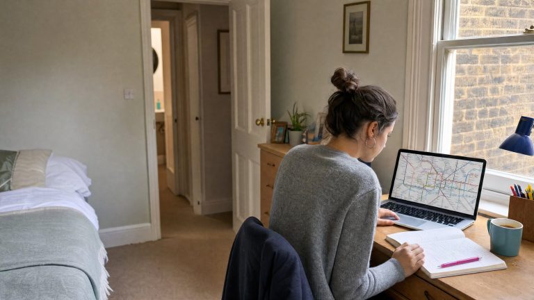 A student planning her route on a map on her laptop at her homestay desk