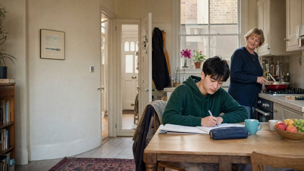 A teenage international student doing homework at the kitchen table while his host cooks dinner